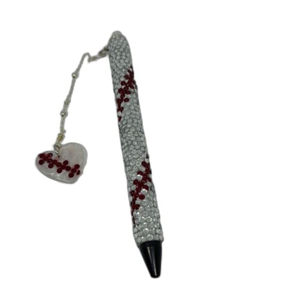Hand Made Gel Baseball Pen Red Crystal Rhinestones w/ Resin and Rhinestone Charm - Picture 7 of 8